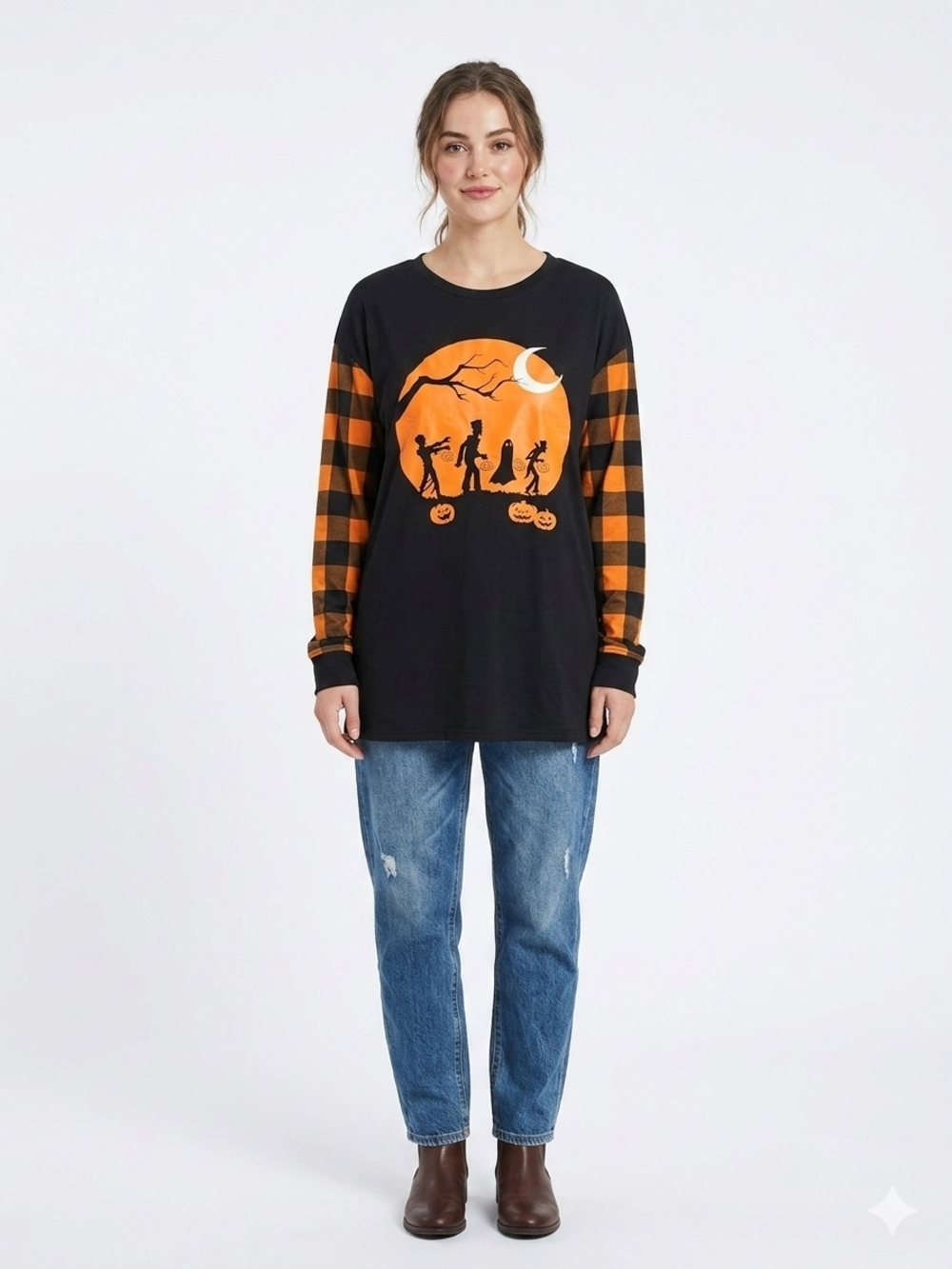 Black & Orange Halloween Graphic Long-Sleeve Tunic Top Up To Size 3XL